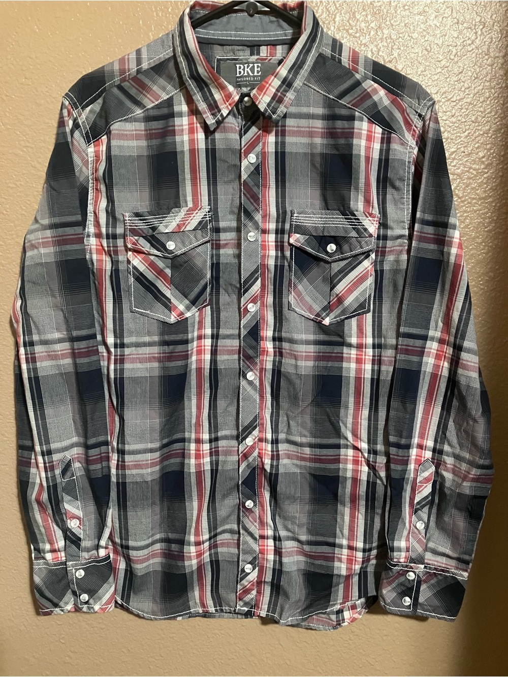 BKE Men’s Plaid Button-Down Shirt - Gray, Navy & Red